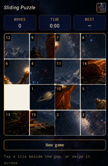 The sliding puzzle: fifteen numbered tiles cut from the app's own sage artwork, with moves, time and best score above