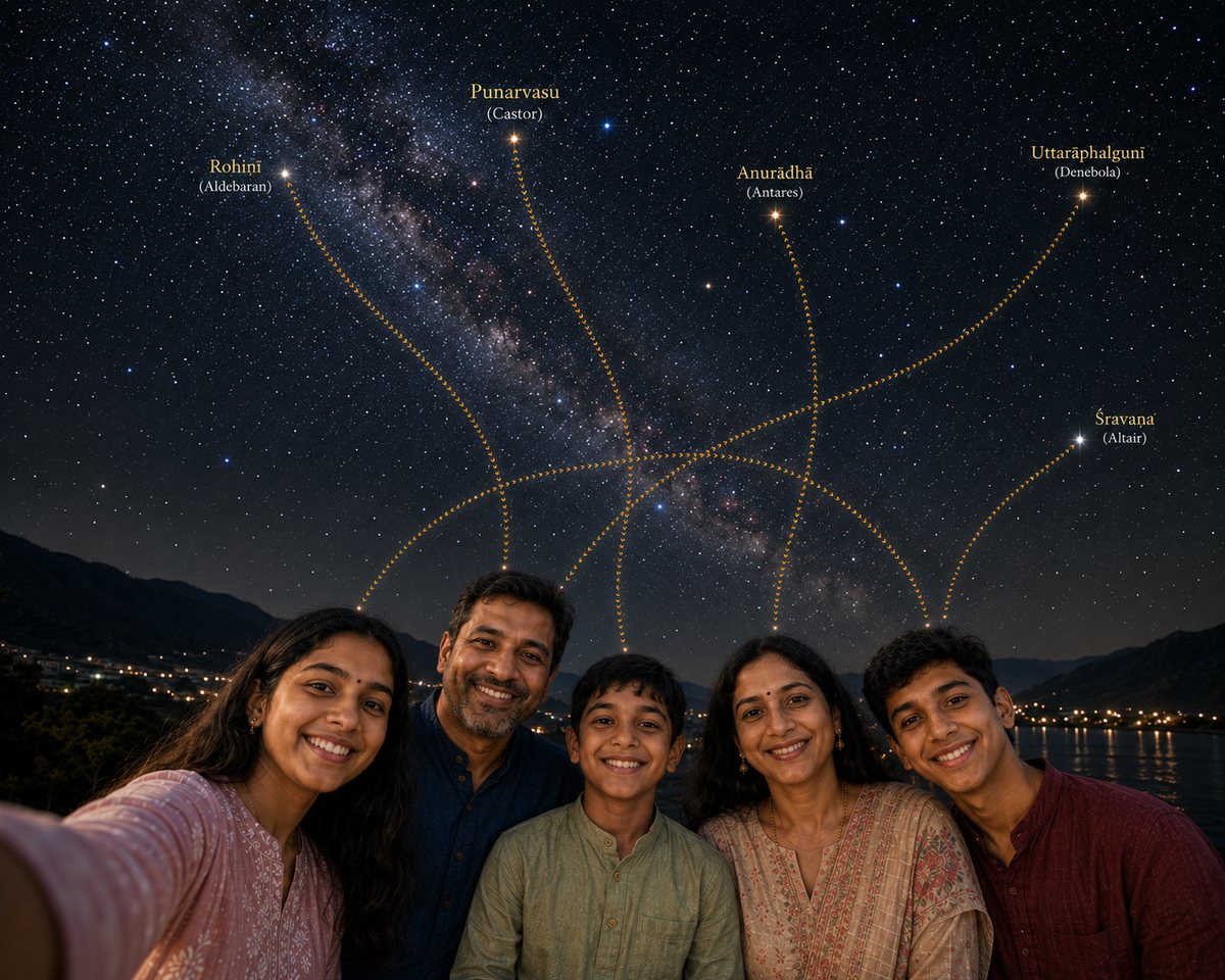 A family Sky Photo: five people photographed together under the night sky, a golden chevron drawn from each of them up to their own birth star — Rohiṇī, Punarvasu, Anurādhā, Uttarāphalgunī and Śravaṇa