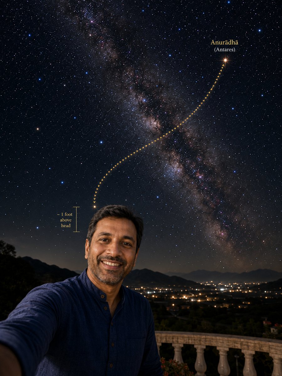 A Sky Photo: a man photographed under a night sky, with a golden chevron drawn from a point about a foot above his head up to his birth star, labelled Anurādhā (Antares)